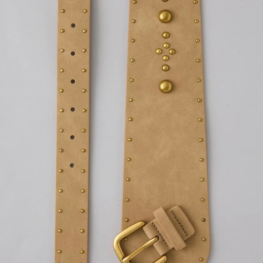 American Eagle Outfitters Tan Studded Waist Belt with Gold Buckle S